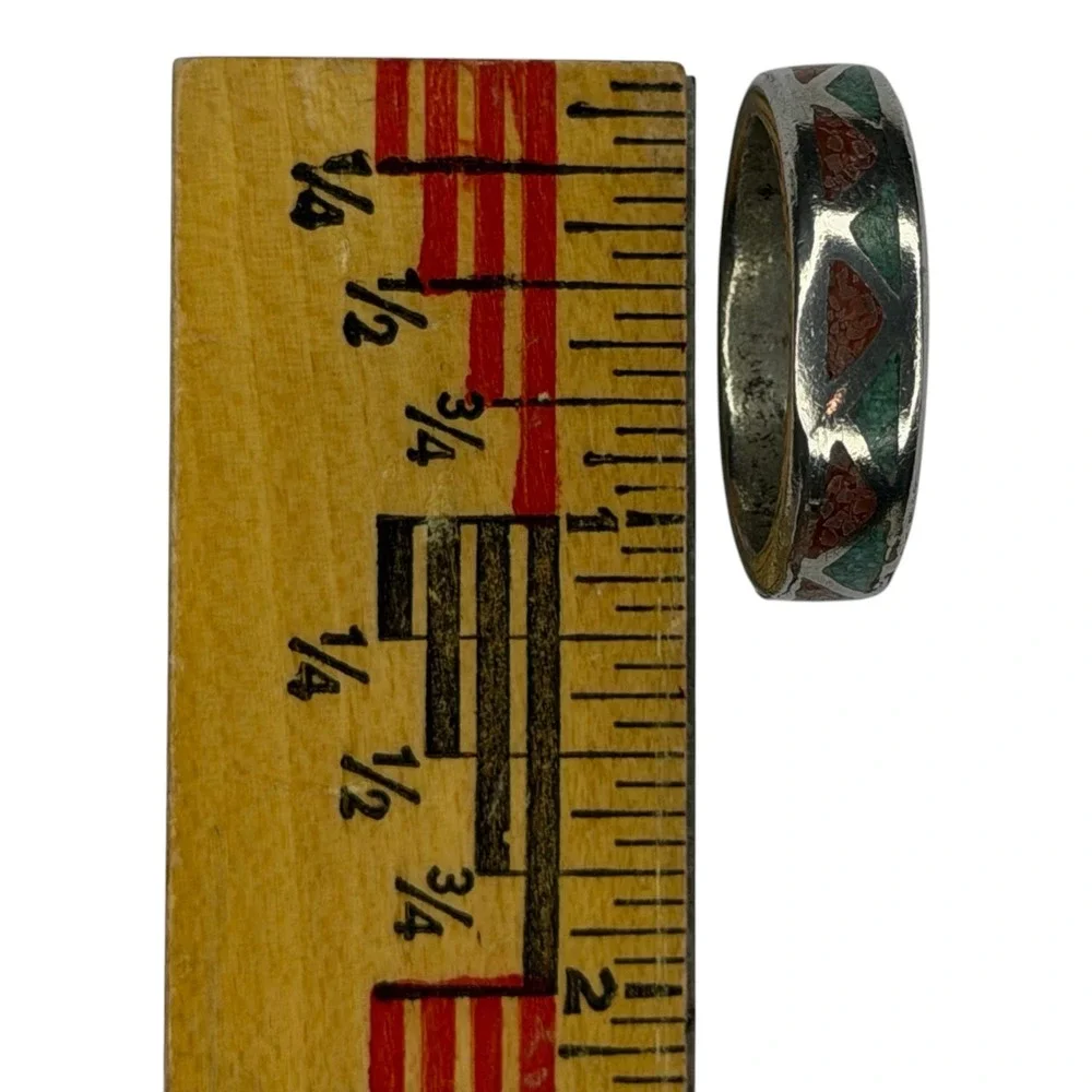 Vintage Band Ring Nickel Silver Size 14 Turquoise Coral Chip Inlay